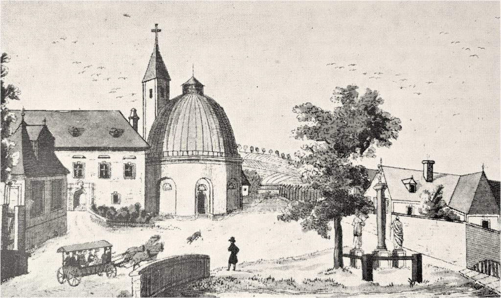 Dorfplatz mit Kirche, Schloß und Mühle, Federzeichnung von B. de Ben, 1820